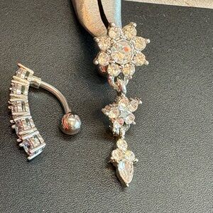 Silver Crystal Dangle Belly Ring - Sparkling Clear Rhinestones